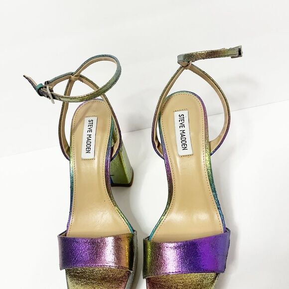 Steve Madden Lessa Ankle Strap Open Toe Heel Sandals Iridescent Rainbow 8M - Picture 3 of 9